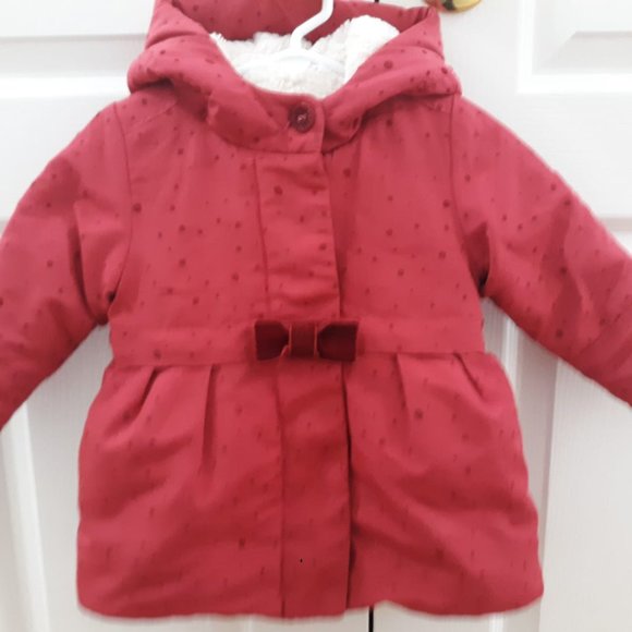 kids girls baby coat Jean Bourget red fleece lined Size 18 Months free hat